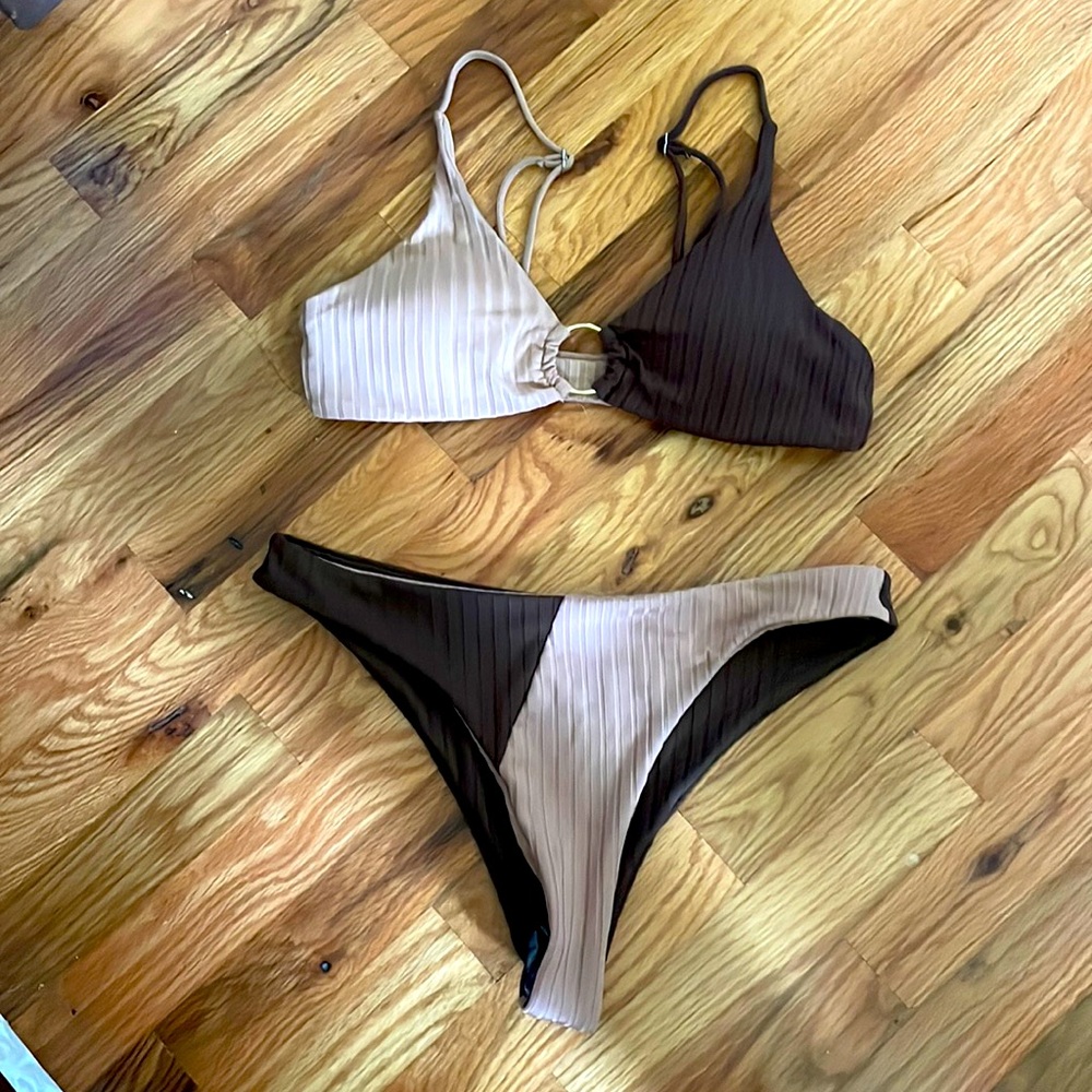 Tan and brown bikini two piece set size medium top size large bottom NEW